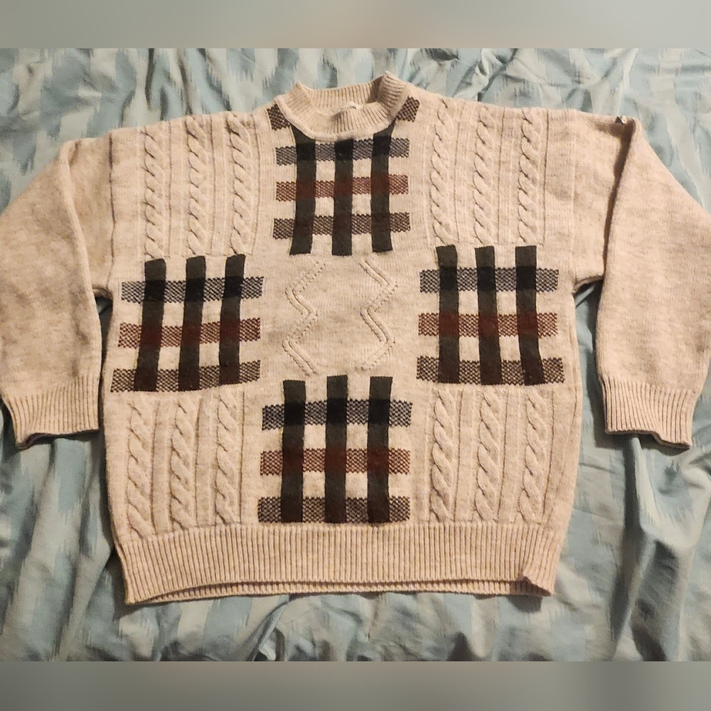 VTG Hugo Boss Men's Sweater Men's Size 52 Beige Melange Crew Neck Cable‎ Knit